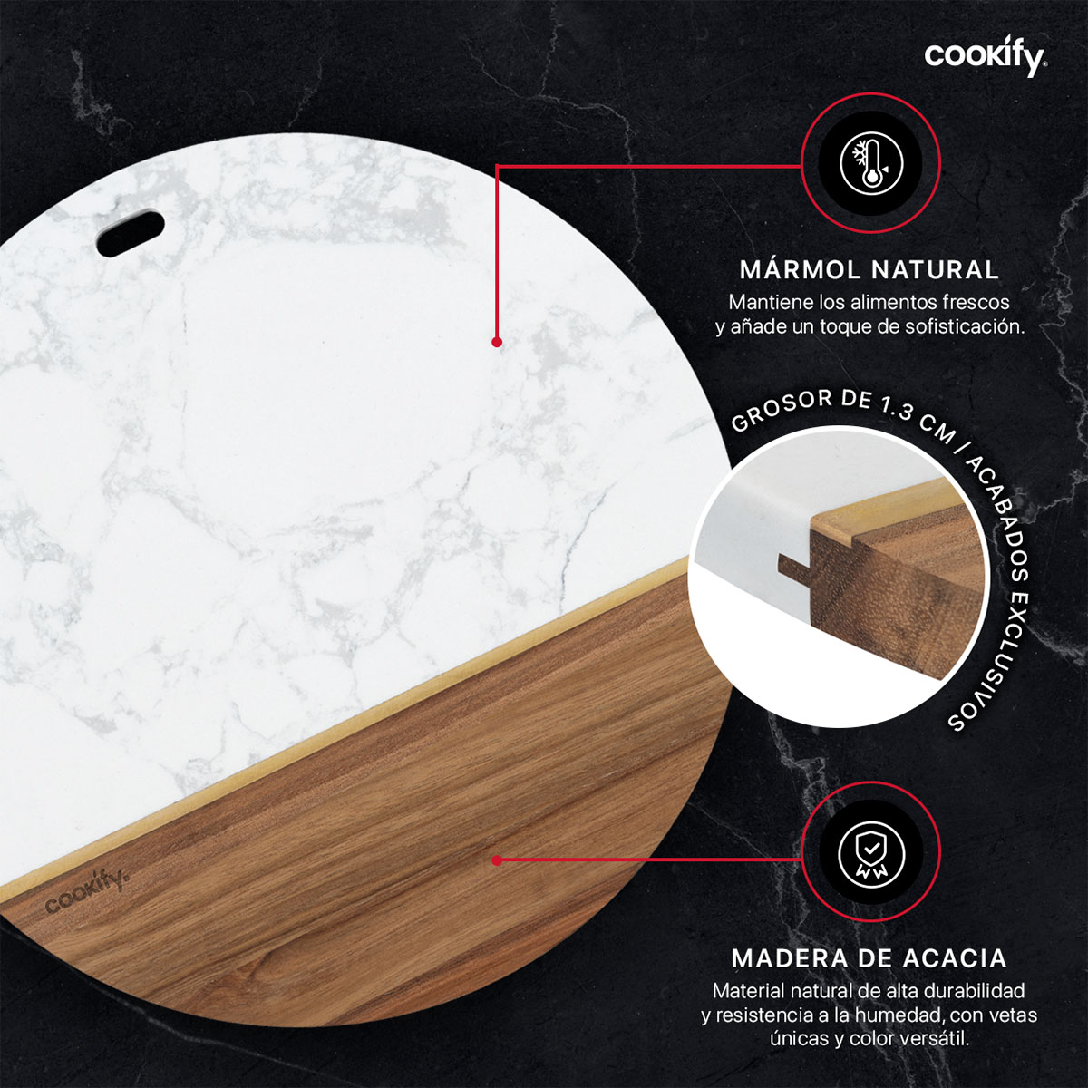 Tabla de Madera / Mármol Circular , Bandeja de Charcutería, Quesos, Carnes Frías, Aperitivos, Botanas COOKIFY