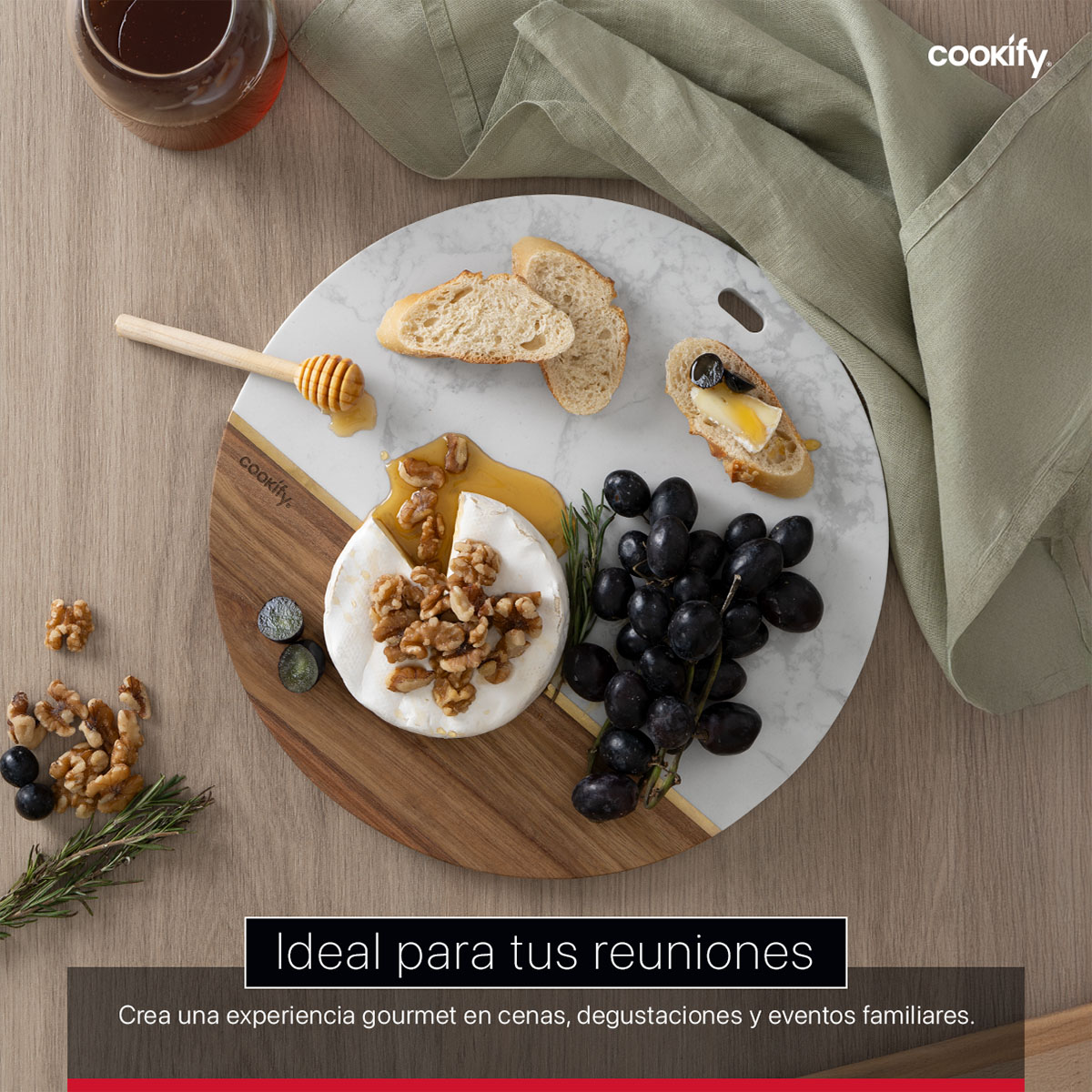 Tabla de Madera / Mármol Circular , Bandeja de Charcutería, Quesos, Carnes Frías, Aperitivos, Botanas COOKIFY