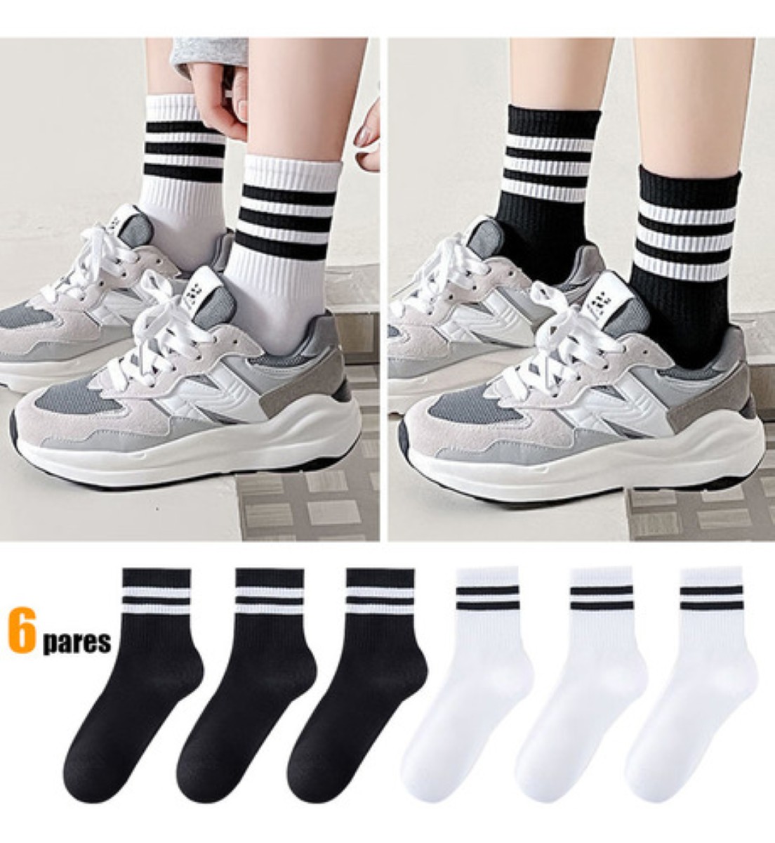 Calcetas Mujer Hombre Algodón Calcetines Deportivo 6 Pares 3 Negro 3 Blanco 22.5MX-27MX