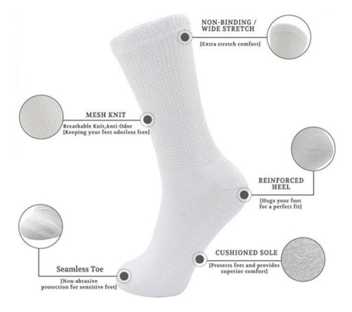 Calcetines Para Pie Diabetico 100% Algodon 6 Pares blanco CABALLERO 26-30 CM DE PIE