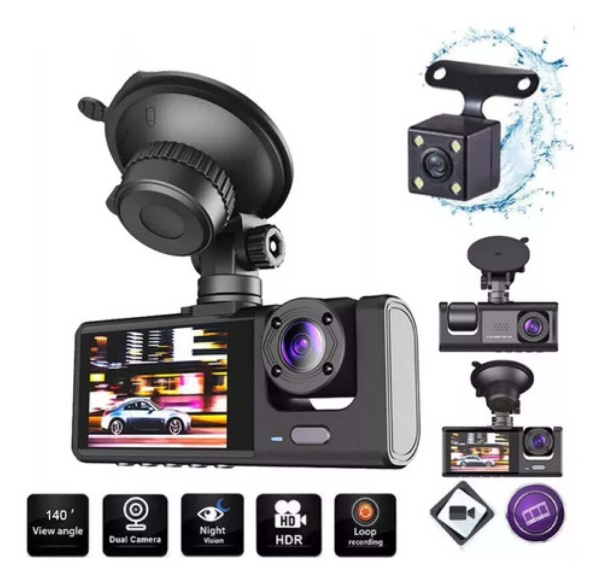 3 Cámaras Para Auto Dashcam De 170° NEGRO