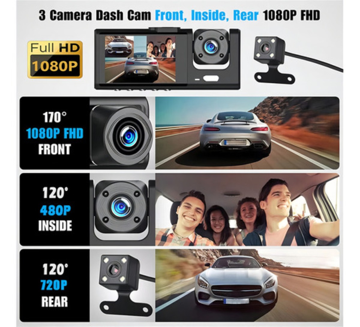 3 Cámaras Para Auto Dashcam De 170° NEGRO