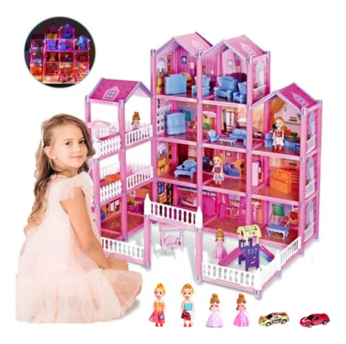 Casa De Muñecas Con Luces Para Niñas Casita De Muñecas ROSA
