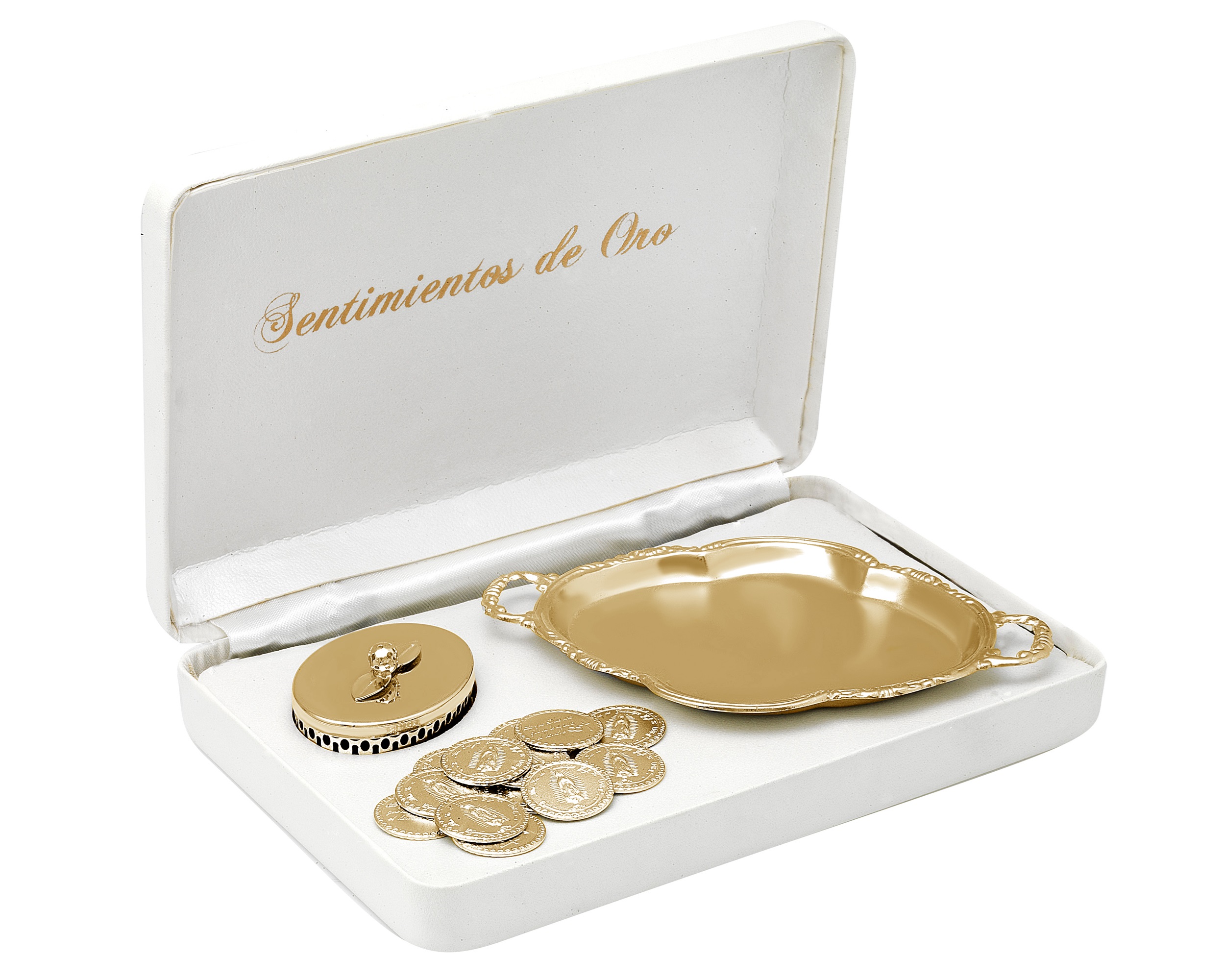 Arras Chapa de Oro 18K Horoz Charola con moneda Guadalupe S413
