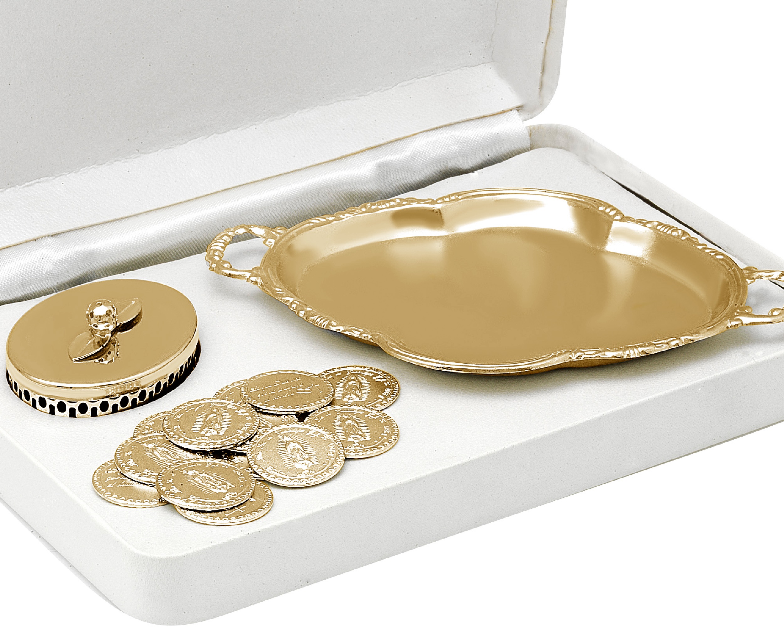 Arras Chapa de Oro 18K Horoz Charola con moneda Guadalupe S413