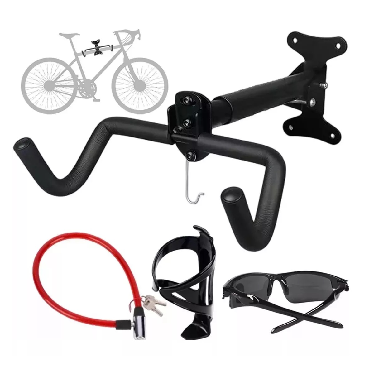 Set Soporte Gancho Bicicleta Pared+candado+gafas+botella Soporte