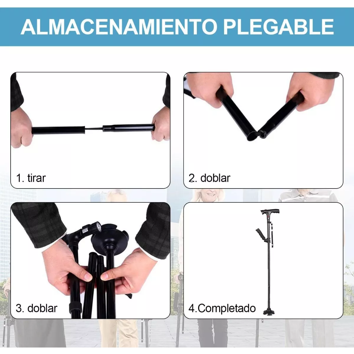 Bastón Plegable Para Ancianos Con Luz Led Con Alarma