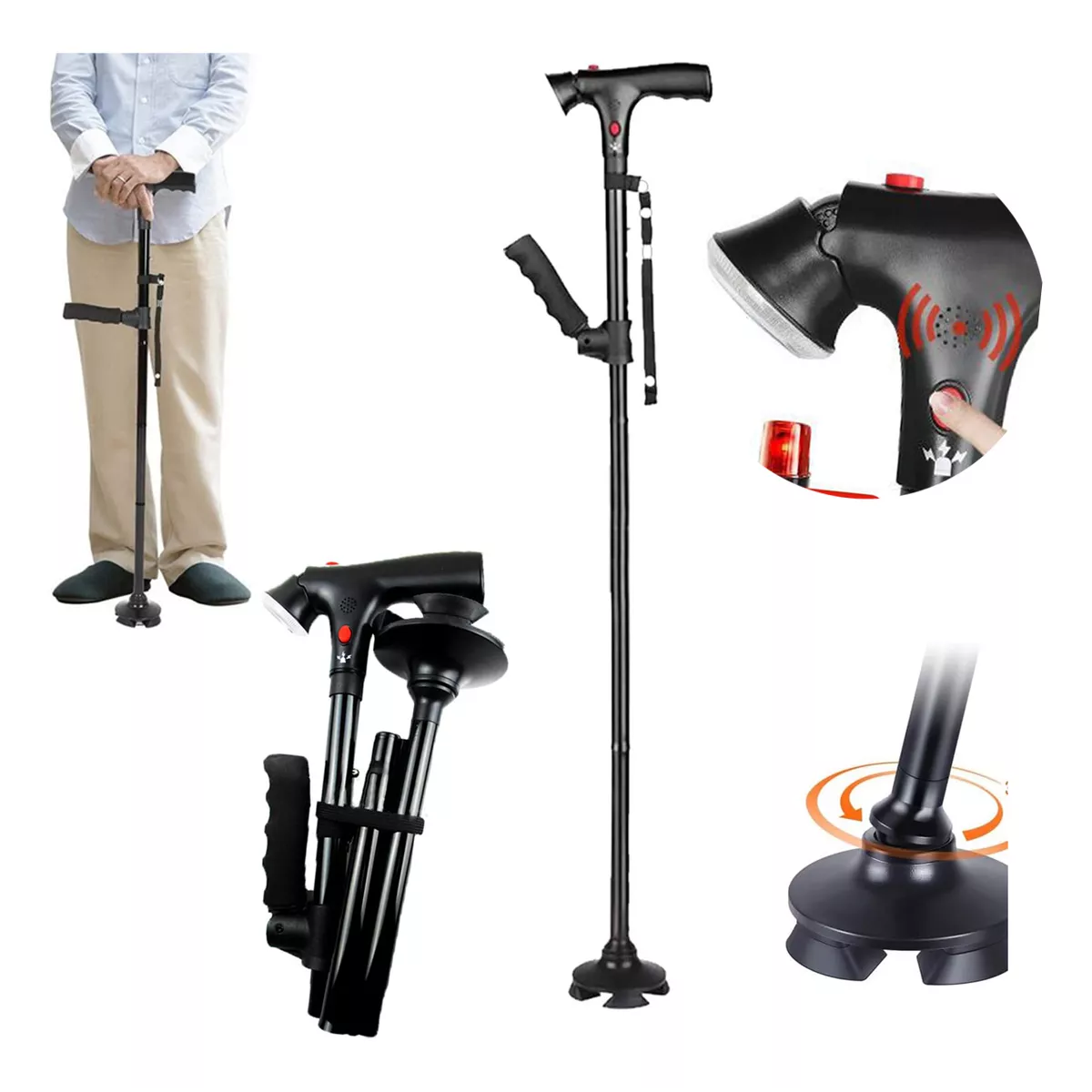 Bastón Plegable Para Ancianos Con Luz Led Con Alarma