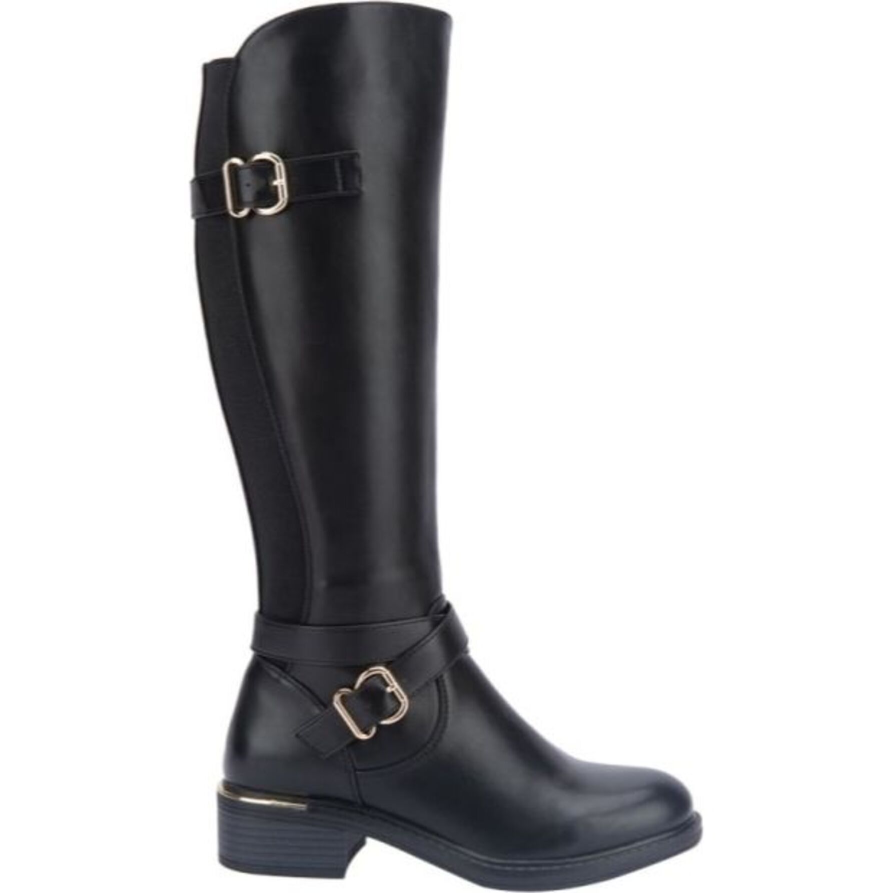 Botas para mujer, alta, con hebillas metálicas y tacón bajo, acabado napa, color negro, marca Tierra Bendita, mod. 1141228
