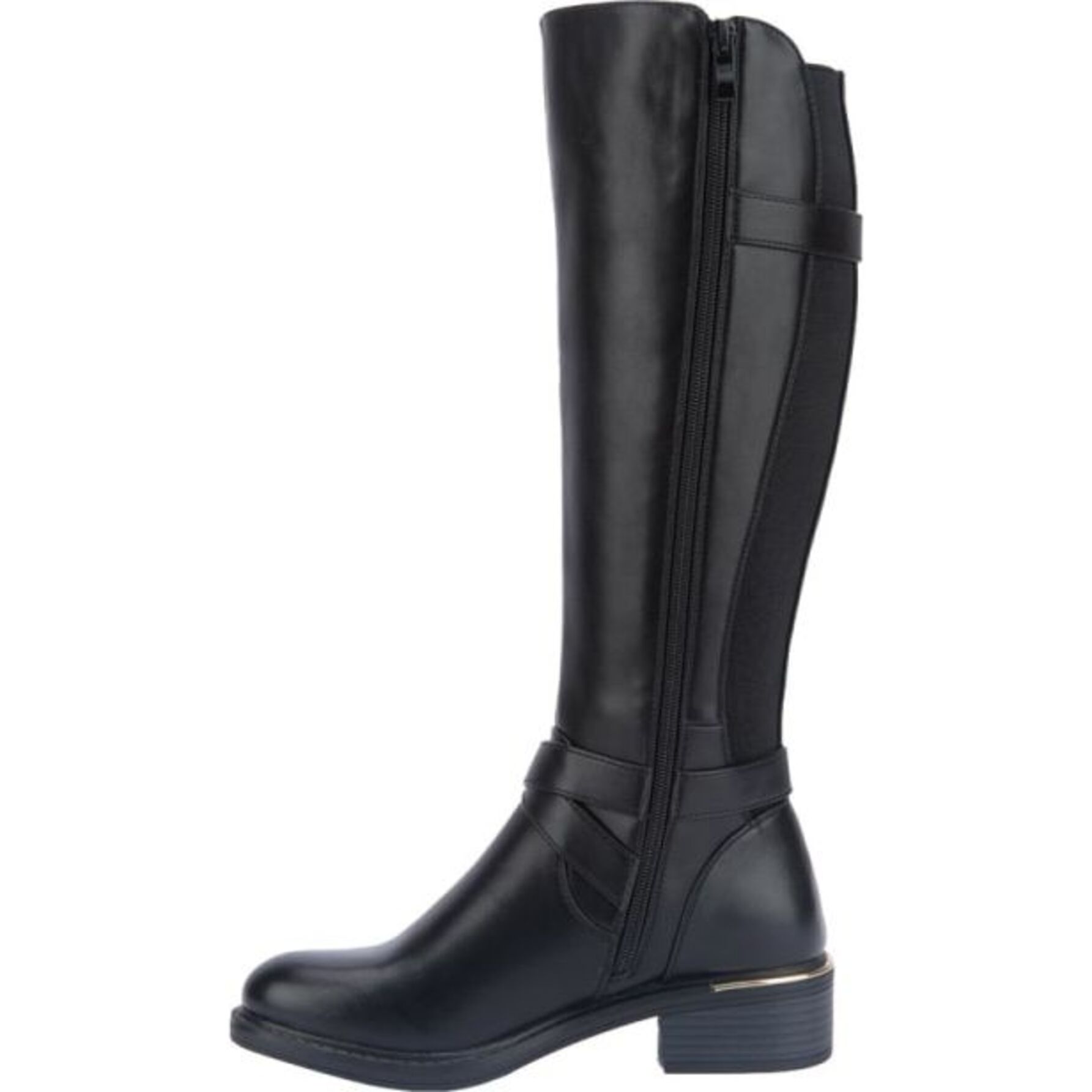 Botas para mujer, alta, con hebillas metálicas y tacón bajo, acabado napa, color negro, marca Tierra Bendita, mod. 1141228
