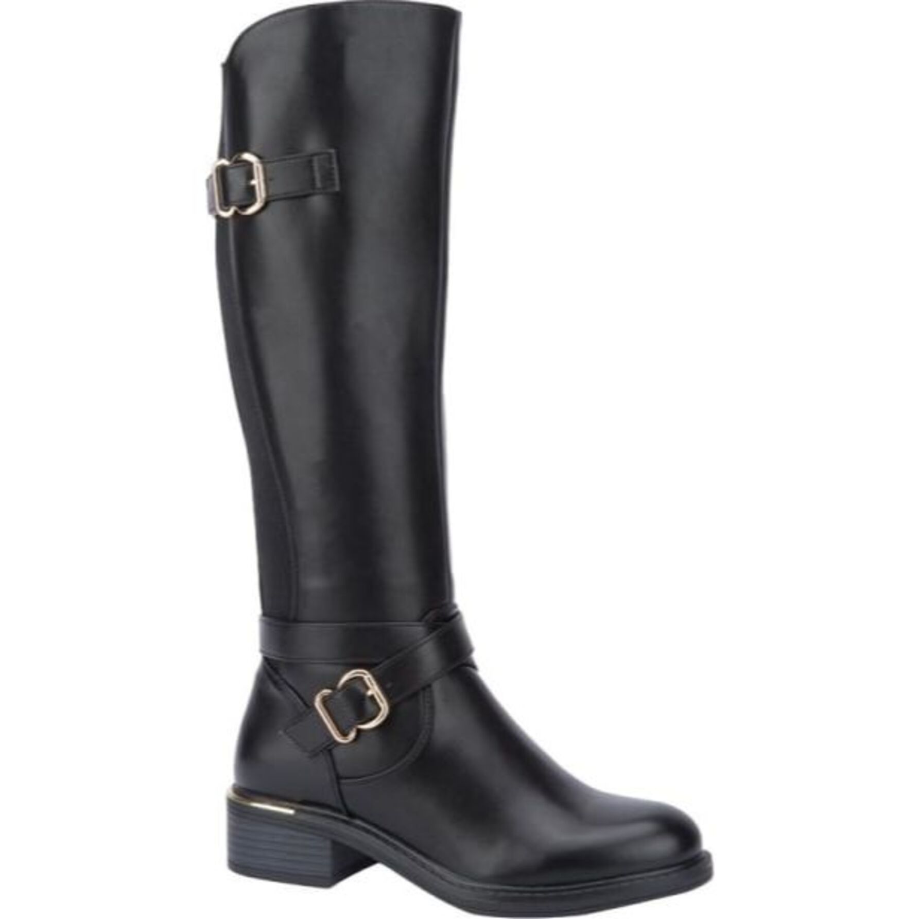 Botas para mujer, alta, con hebillas metálicas y tacón bajo, acabado napa, color negro, marca Tierra Bendita, mod. 1141228