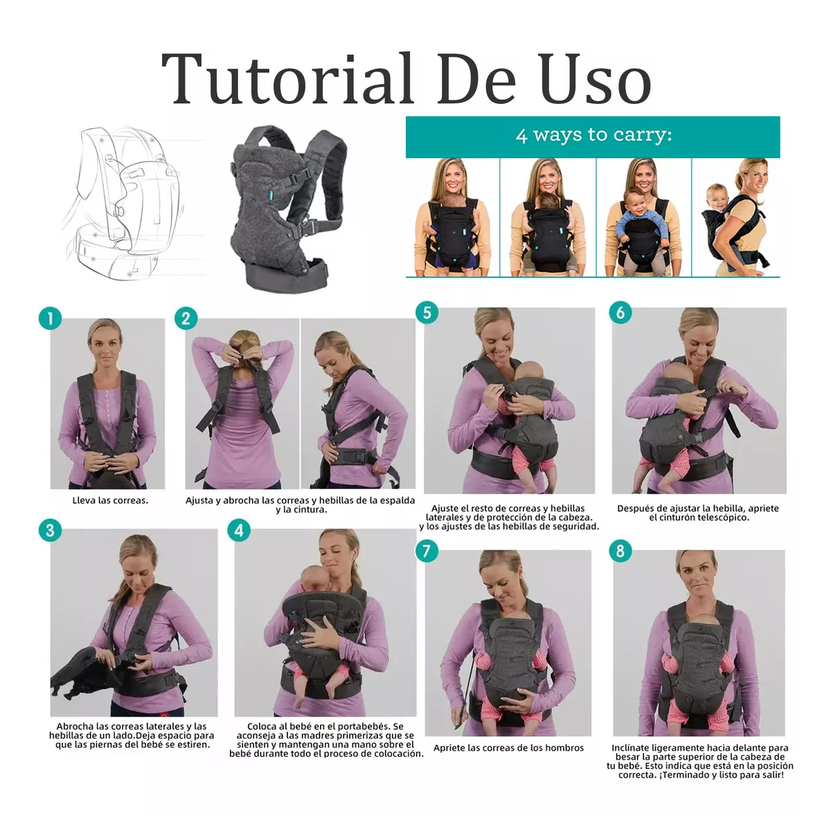 Mochila Cangurera Para Bebé Ergonómica, 4 Formas De Porteo,Gris