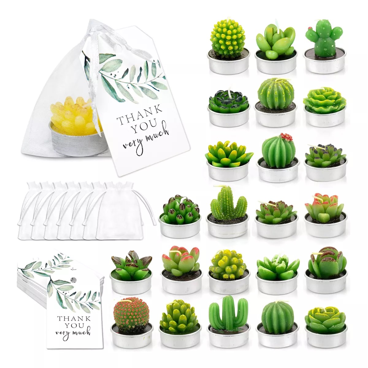 24pcs Velas Decorativas De Cactus Suculentas Verde Con Bolsa