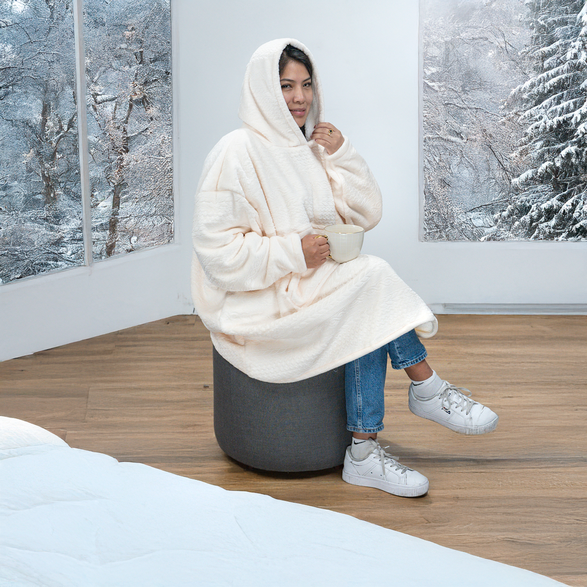 Sudadera Cobija Oversize con Capucha Adulto Unisex, Crema