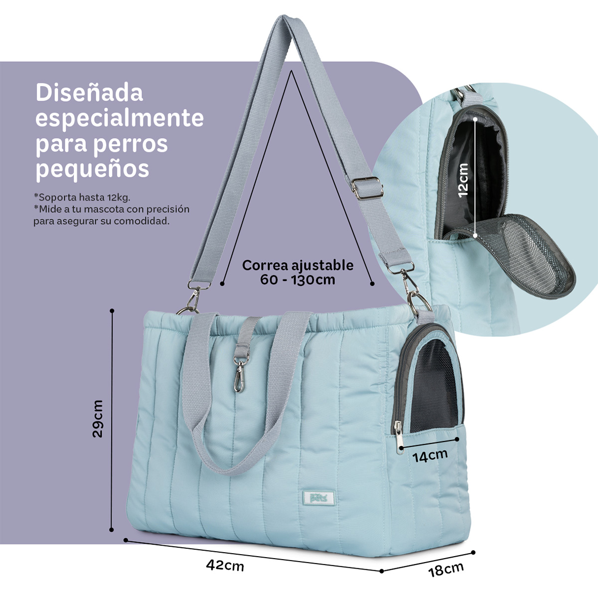 Bolsa transportadora para Perro o Mascota Pequeña, Mochila de Viaje 42x18x29cms- Azul Grisáceo ESQUIMAL
