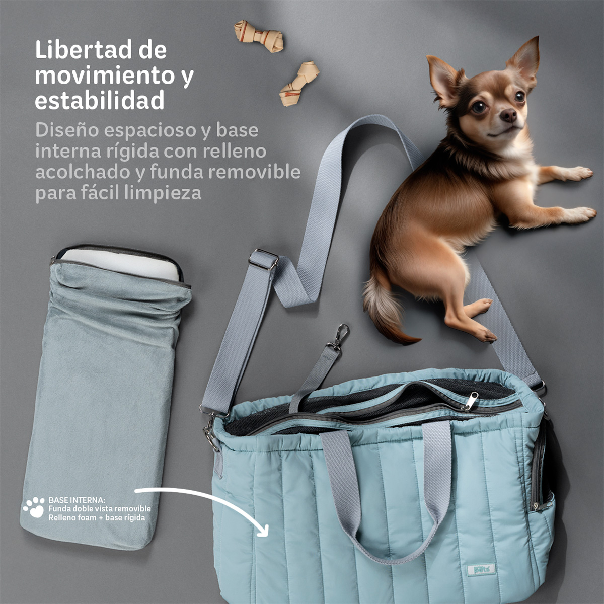 Bolsa transportadora para Perro o Mascota Pequeña, Mochila de Viaje 42x18x29cms- Azul Grisáceo ESQUIMAL