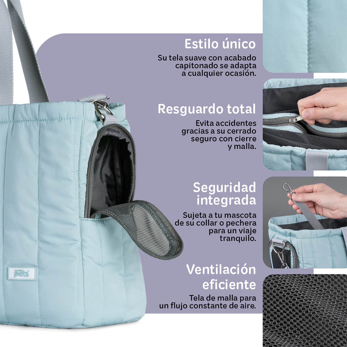 Bolsa transportadora para Perro o Mascota Pequeña, Mochila de Viaje 42x18x29cms- Azul Grisáceo ESQUIMAL