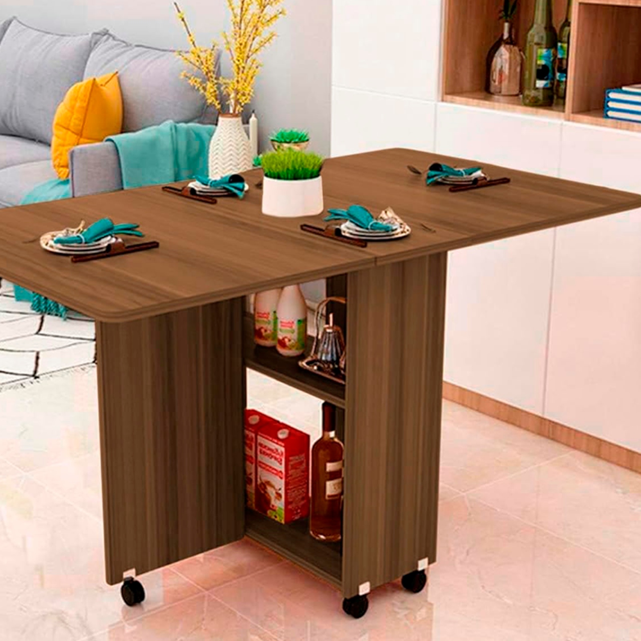 Mesa Plegable de Madera con Estantes de Almacenamiento con Ruedas Café Oscuro Bluelander 