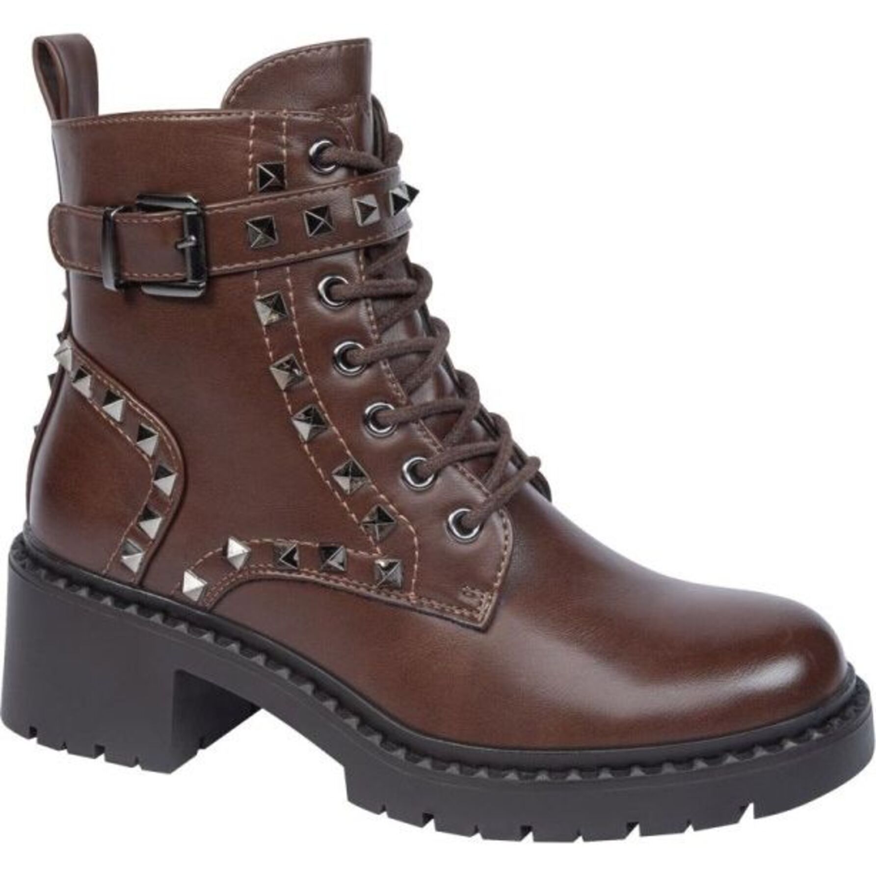 Botas para mujer, estilo militar , con acabado napa y estoperoles, suela antiderrapante, color café, marca Goodyear, mod. 1141449