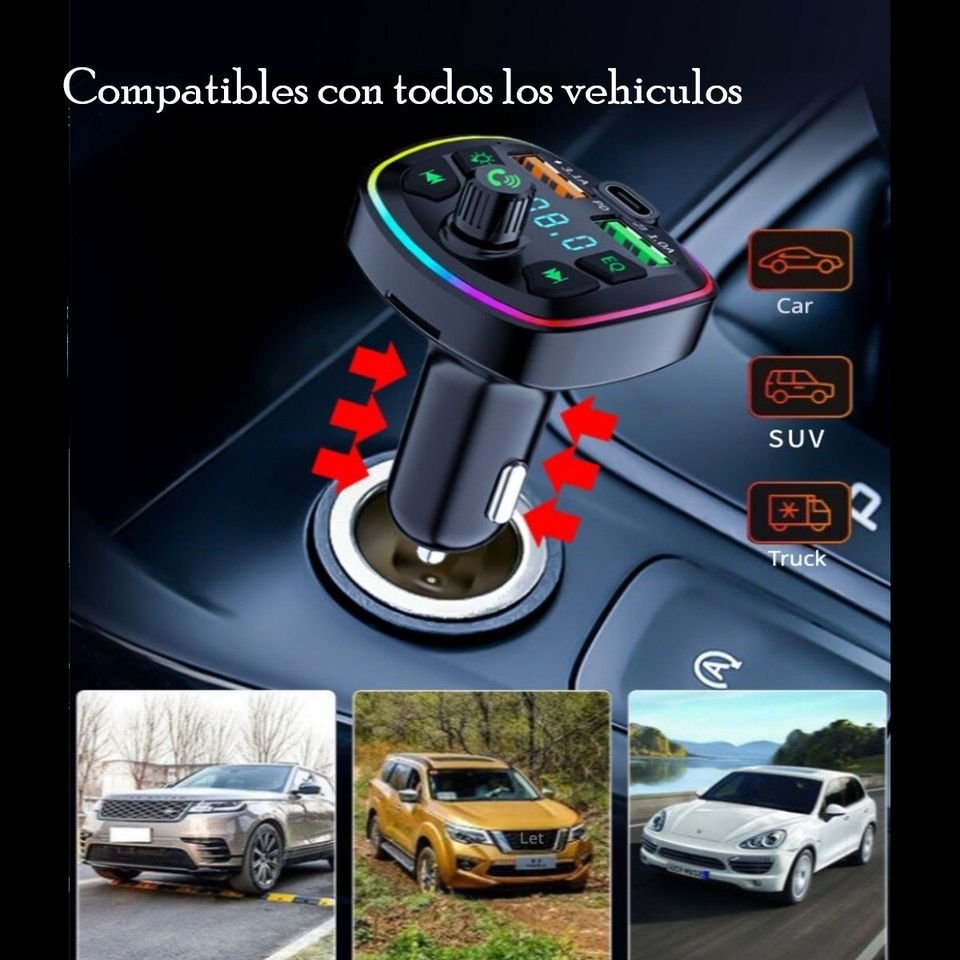 Transmisor Receptor Para Adaptador Bluetooth Auto Estéreo USB volumen música rgb luz led cargador.