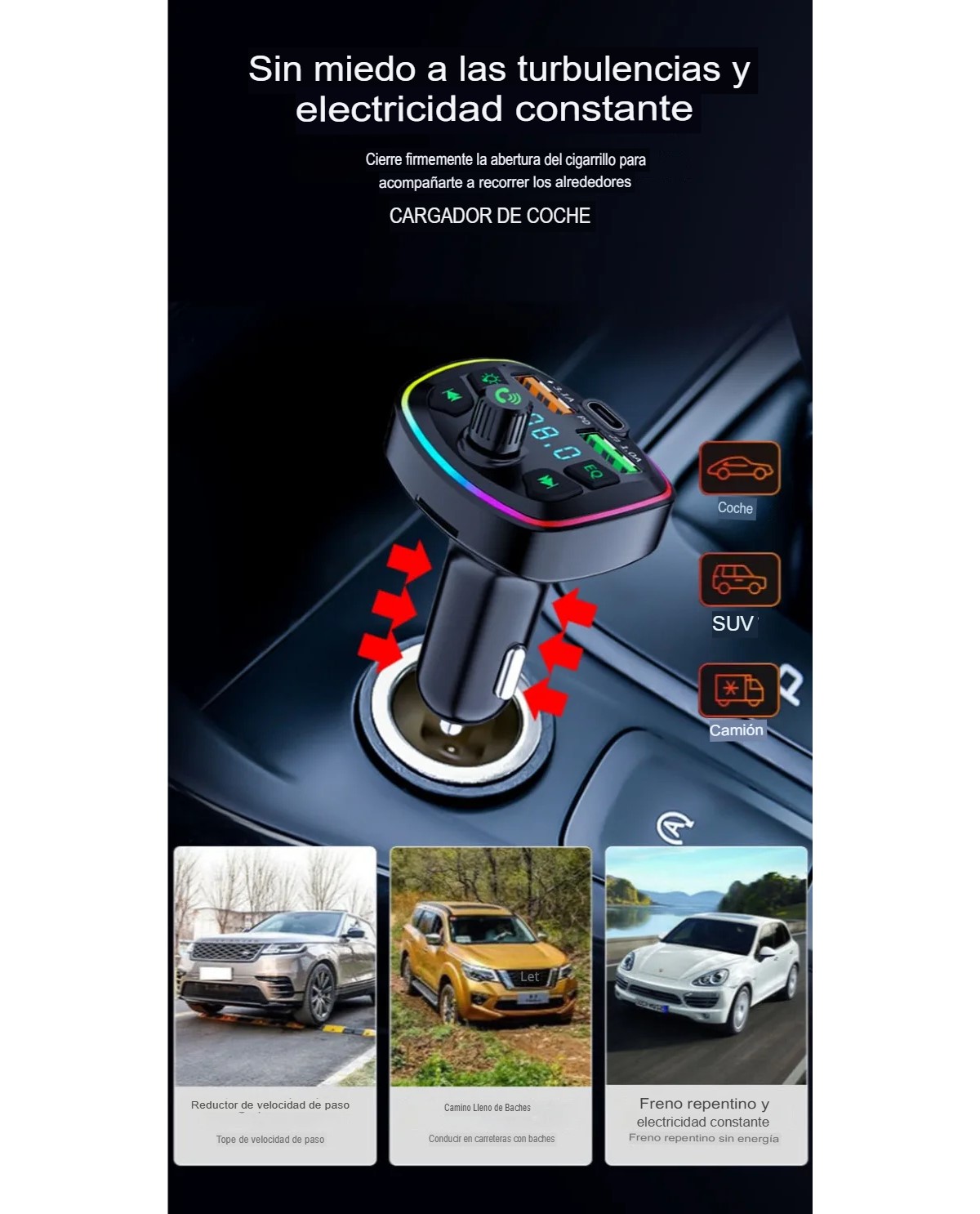 Transmisor Receptor Para Adaptador Bluetooth Auto Estéreo USB volumen música rgb luz led cargador.