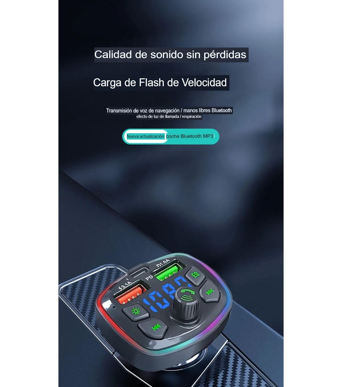 Transmisor Receptor Para Adaptador Bluetooth Auto Estéreo USB volumen música rgb luz led cargador.