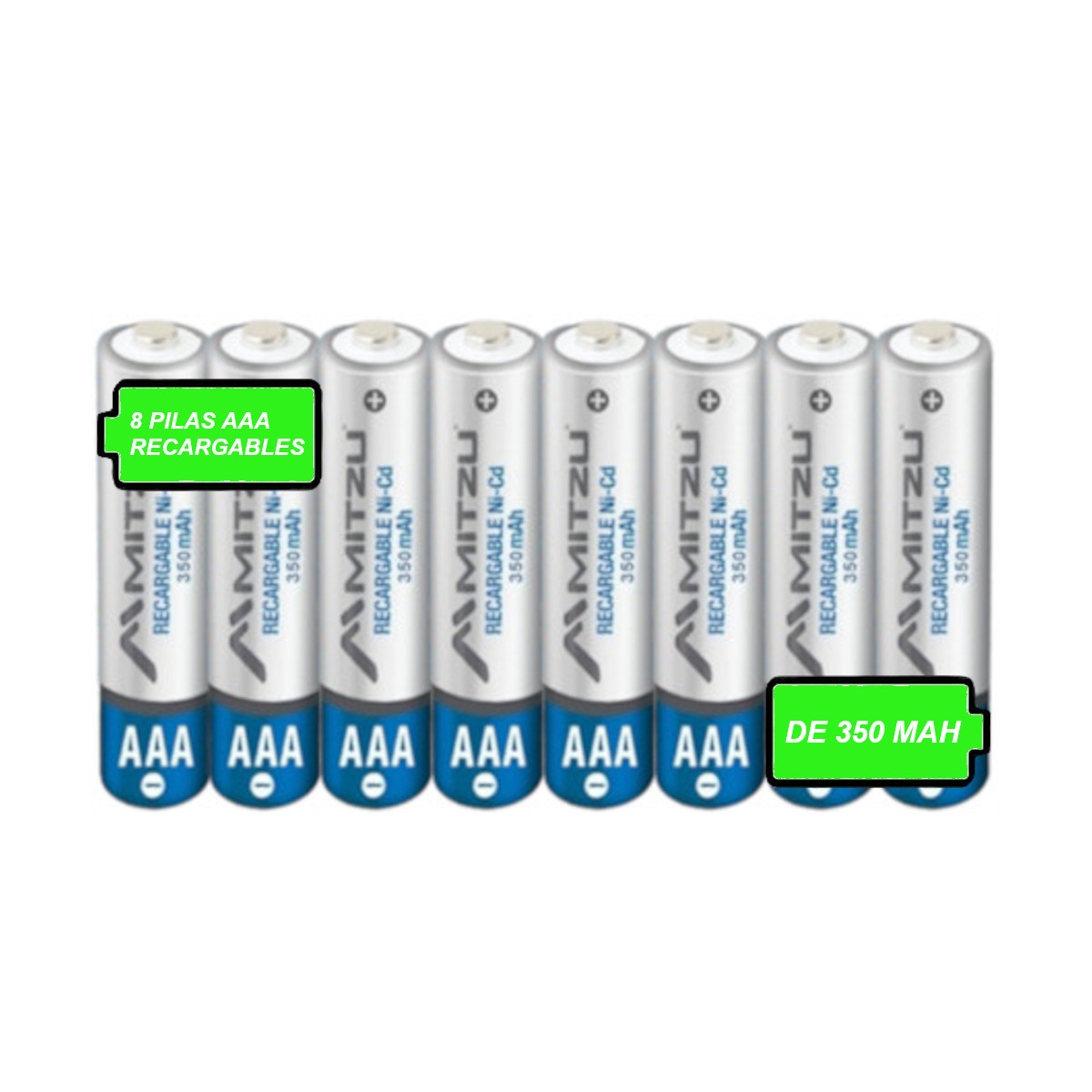 Pilas Baterías AAA Recargables Mitzu 350 Mah Con 8 Piezas NICD