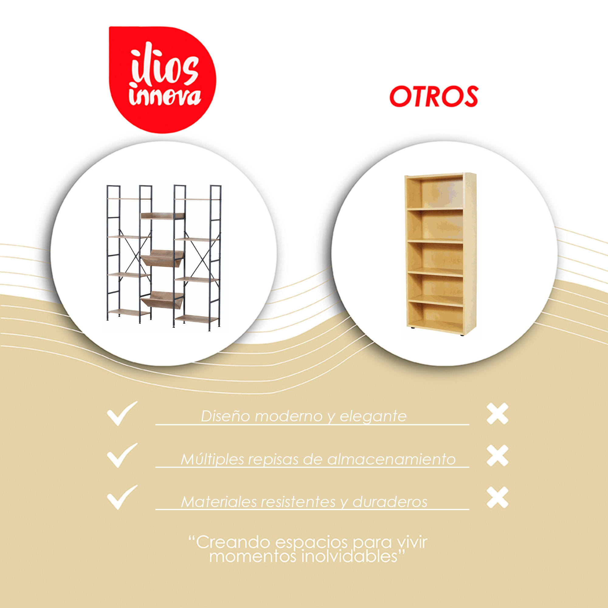 Ilios Innova | Librero Organizado de 3 Cuerpos, Metal y Madera, Mueble Multifuncional con un gran diseño
