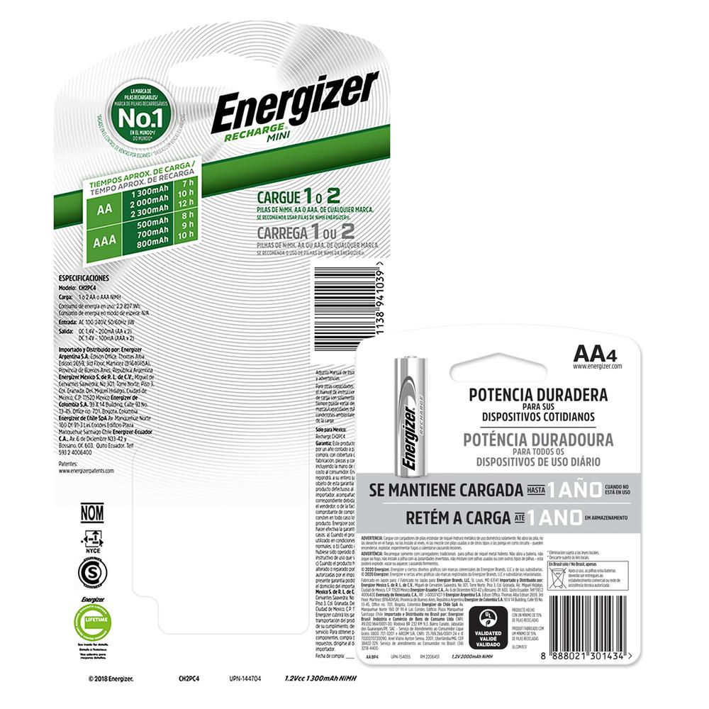 Cargador De Pilas Energizer Mini + 4 Pilas Recargables Aa