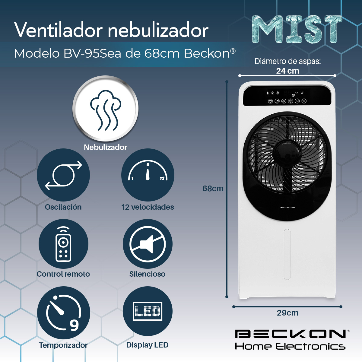 Ventilador Humidificador Rociador Nebulizador Brisa 68cm de alto Beckon BV-95Sea Silencioso Misting Fan Humidifier