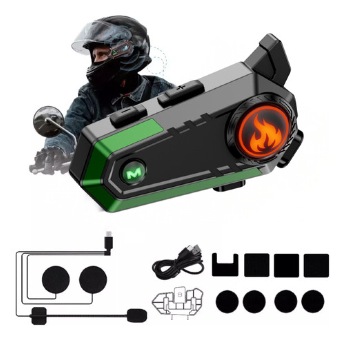 Intercomunicador Motocicleta Para Casco C9 Bluetooth 5.3 negro linea verde