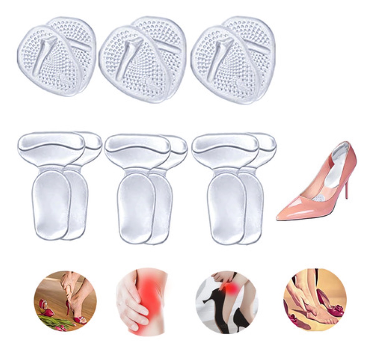 Almohadillas Tacón Y Plantilla De Gel Alivia El Dolor 6 Pzs transparente