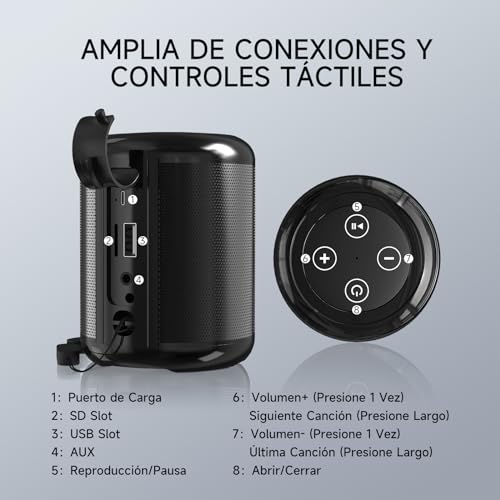 1 Hora Bocina Bluetooth Portatil 5.1, Mini Altavoz Inalámbrico con Manos Libres/Micro USB/Radio FM/TF, Compatible con Phone, Tablet, Computadores, Ideal para Viajar, Campear, Negro