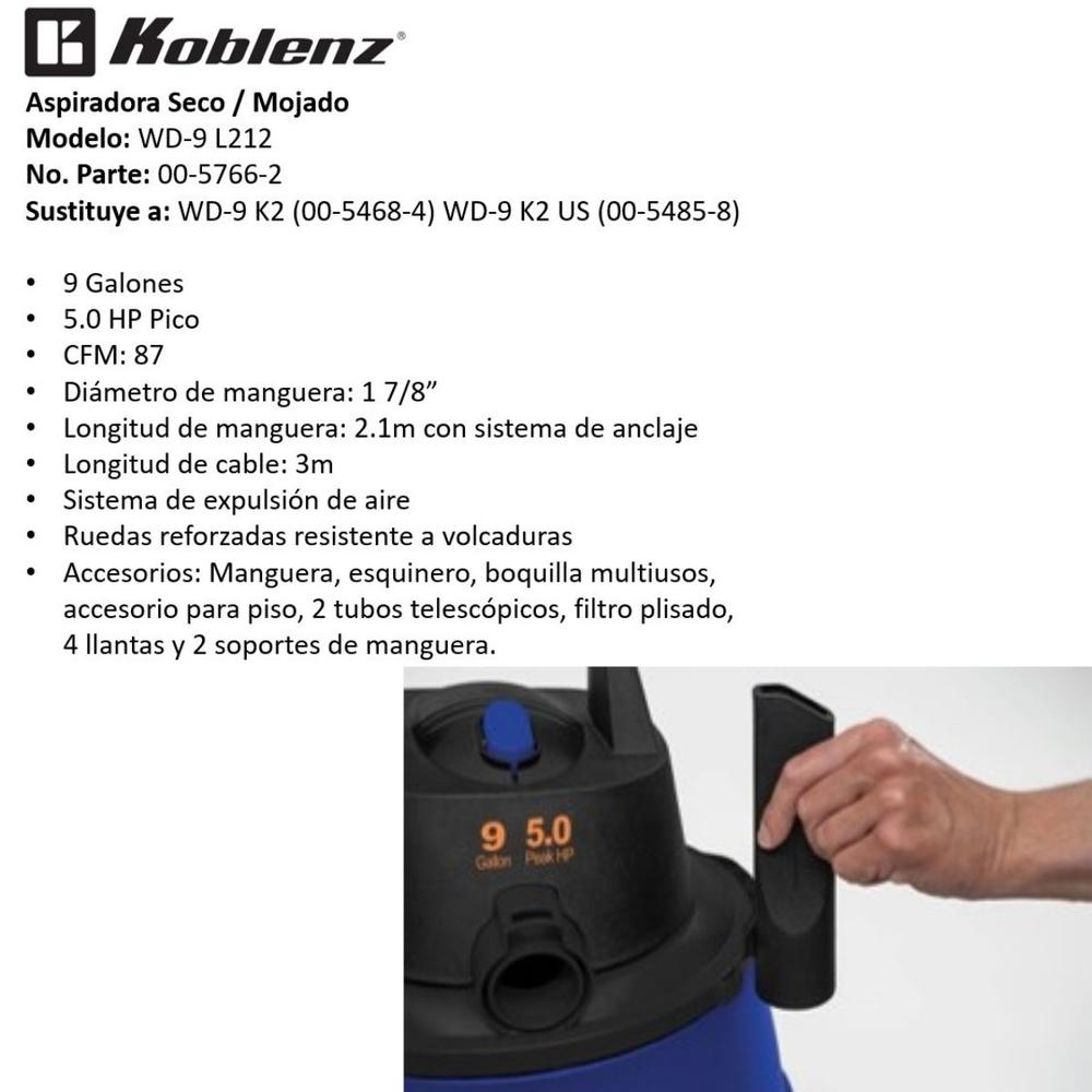 ASPIRADORA KOBLENZ WD-9 SECO MOJADO 5.0 HP 9 GAL