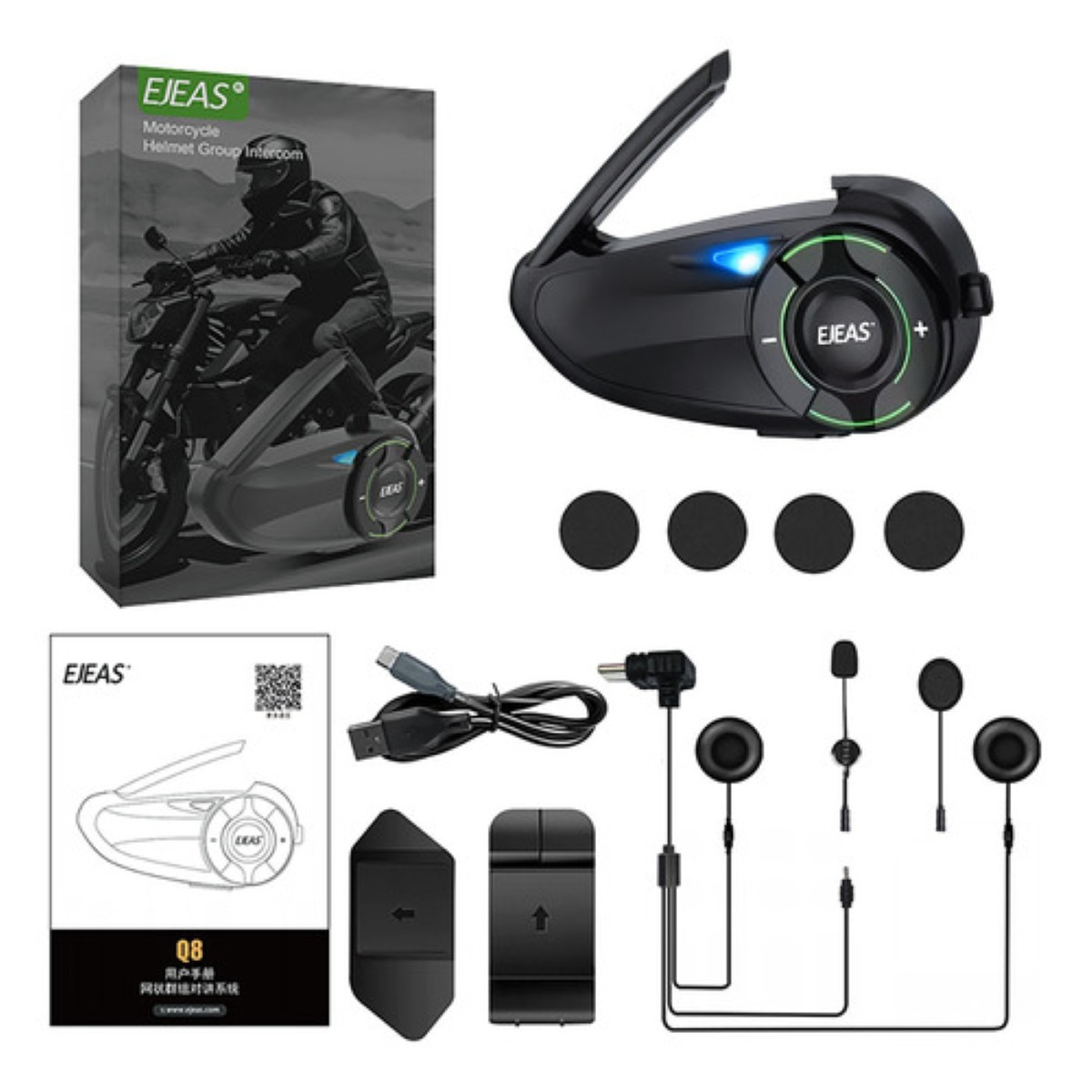 Intercomunicador Casco De Moto Ejeas Q8,1pzs, Ip67,mesh3.0 negro 