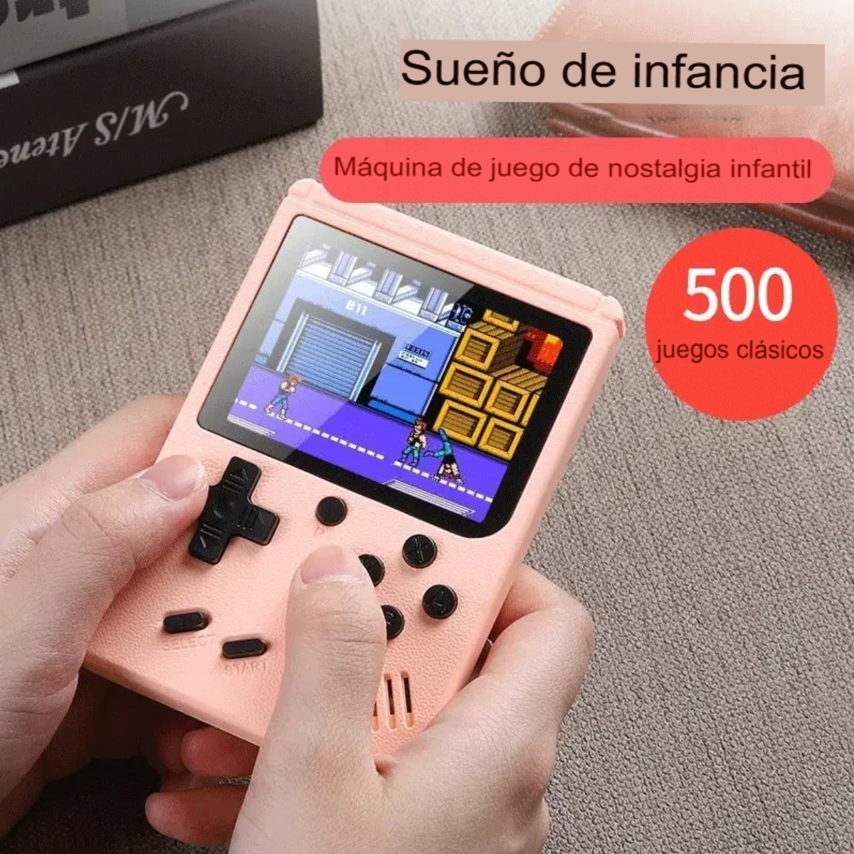 Mini consola videojuegos roja portátil retro juegos 8 bits pantalla LCD 500 juegos recargable