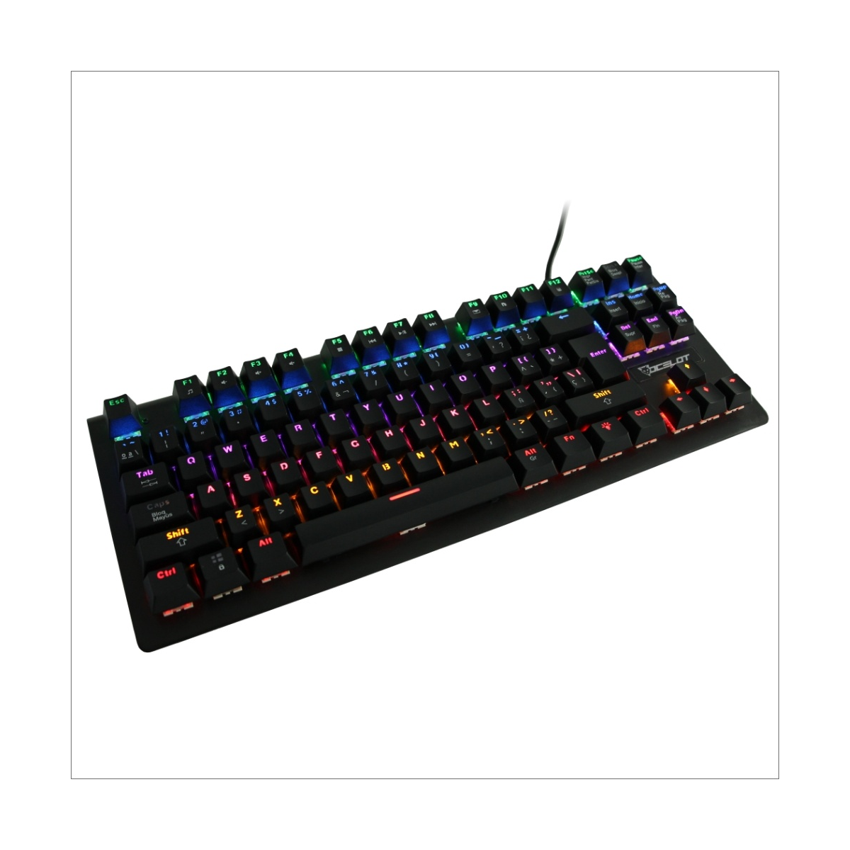 TECLADO ALAMBRICO OCELOT GAMER MECANICO SWITCH AZUL PLASTICO RGB NEGRO OGMK02 COLORES USB LED PLUG.
