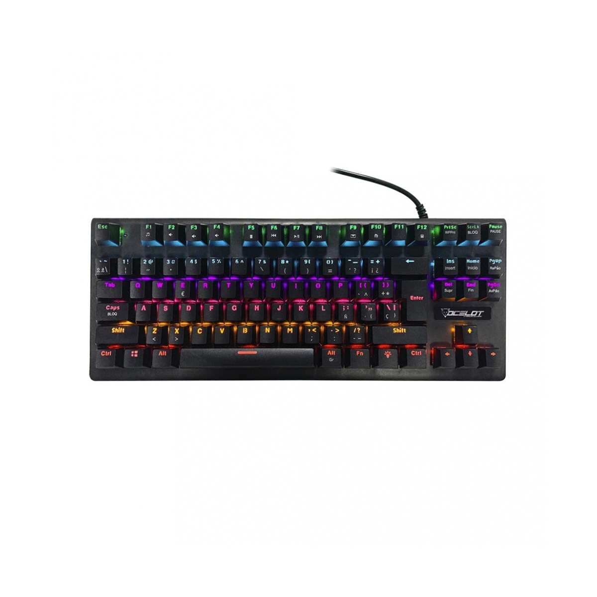 TECLADO ALAMBRICO OCELOT GAMER MECANICO SWITCH AZUL PLASTICO RGB NEGRO OGMK02 COLORES USB LED PLUG.