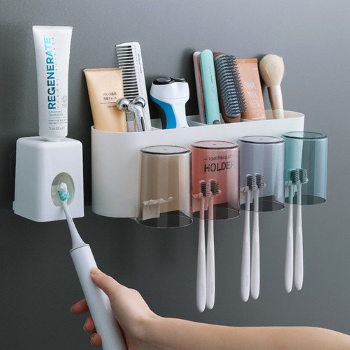 Porta Cepillo De Pared Dispensadorde Pasta Dental Con4 Vasos blanco
