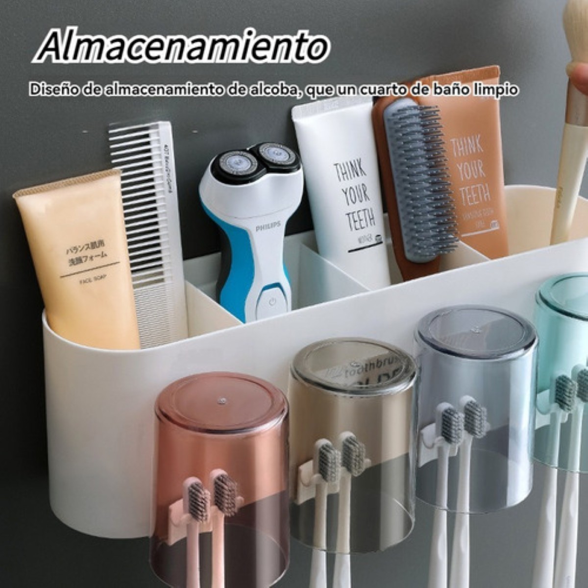 Porta Cepillo De Pared Dispensadorde Pasta Dental Con4 Vasos blanco