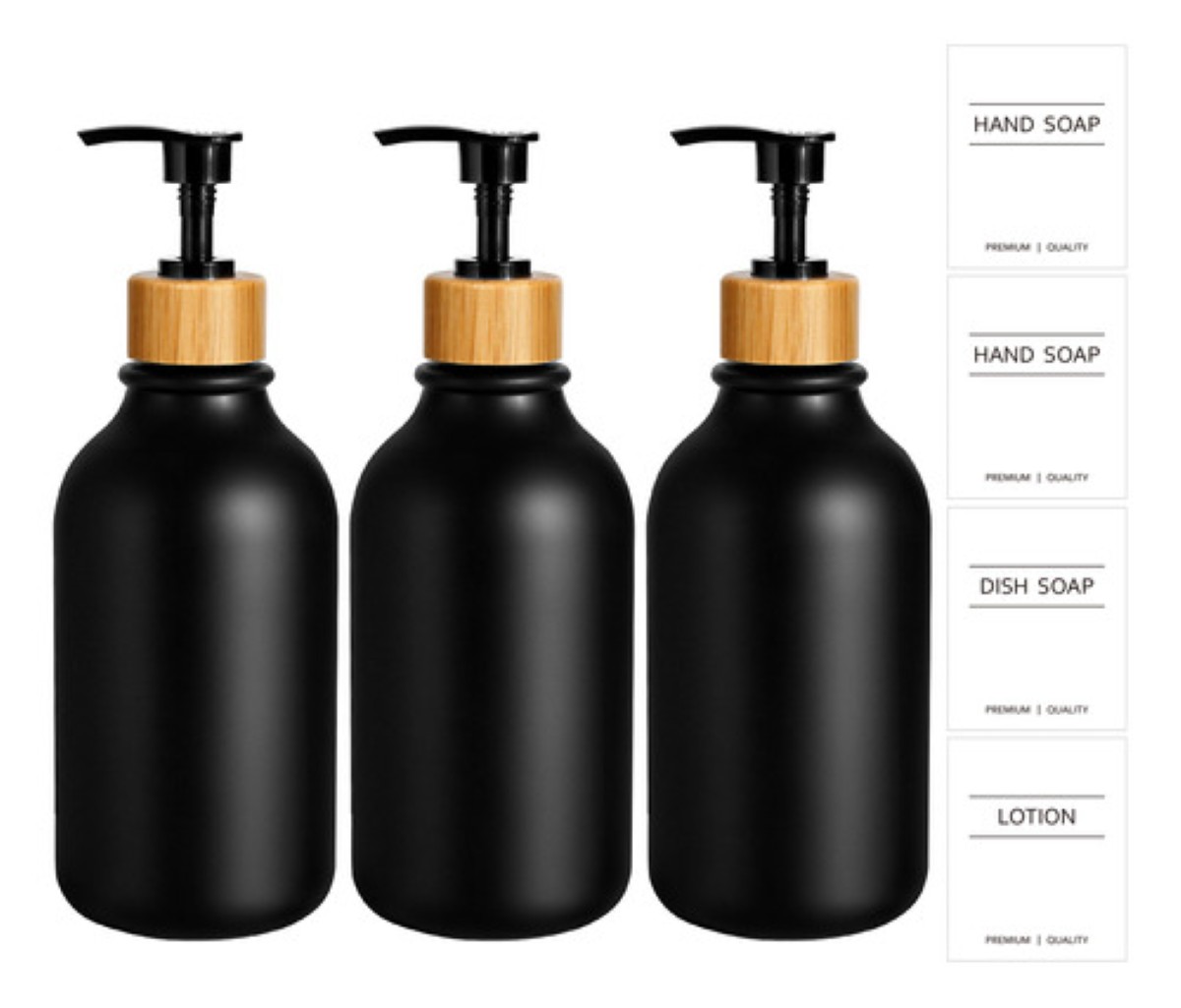 Juegos De Baño 3 Dispensador De Jabon De Shampoo Bambu 500ml negro