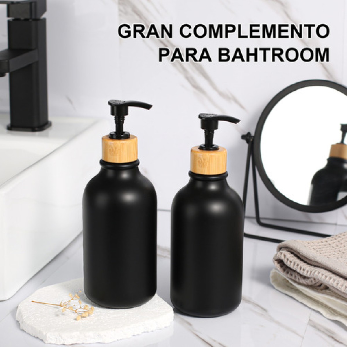 Juegos De Baño 3 Dispensador De Jabon De Shampoo Bambu 500ml negro