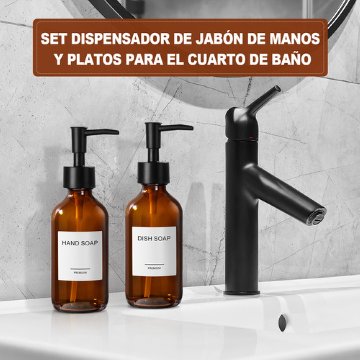 Dispensador De Jabon Liquido 4 Kit De Baño Y Cocina Marrón