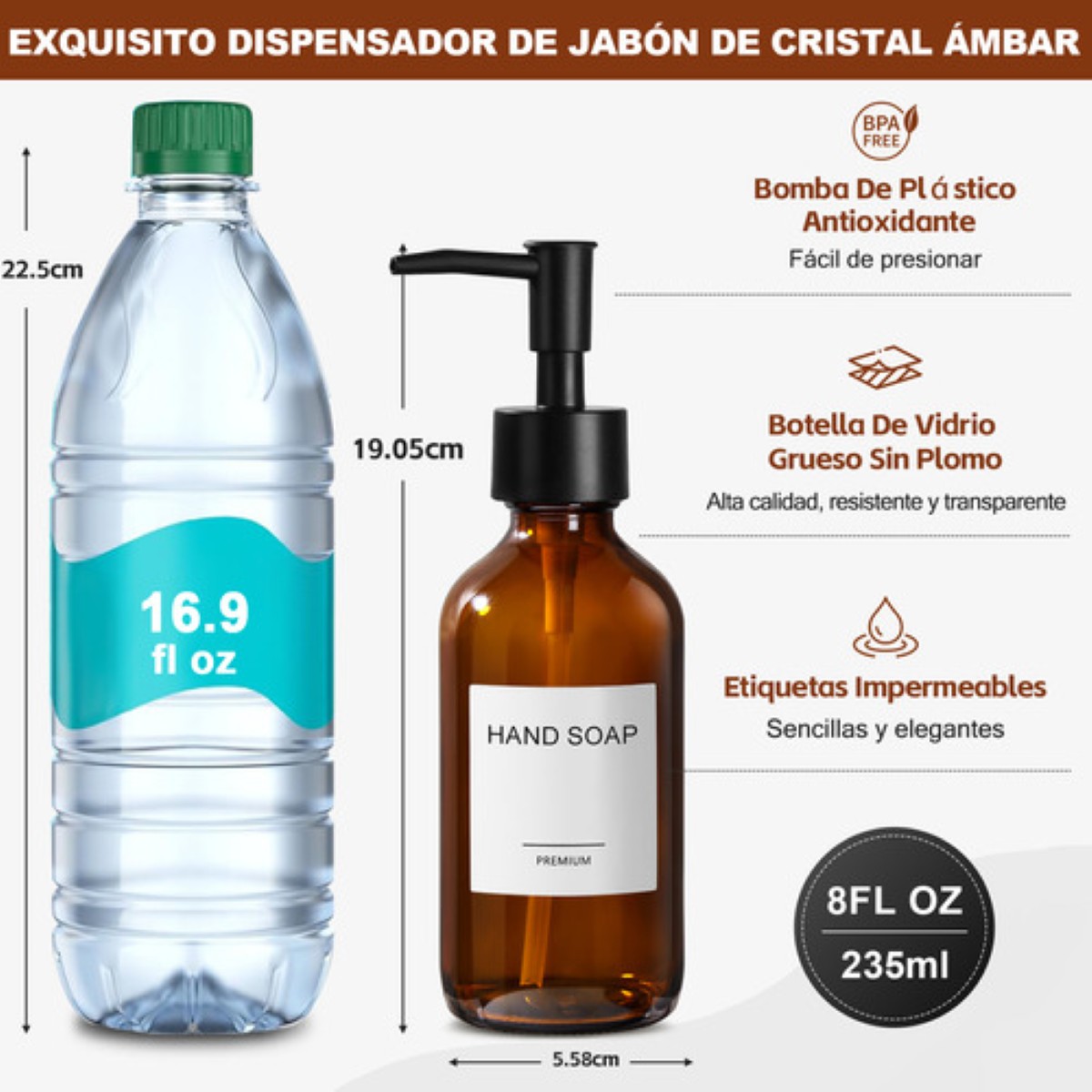 Dispensador De Jabon Liquido 4 Kit De Baño Y Cocina Marrón