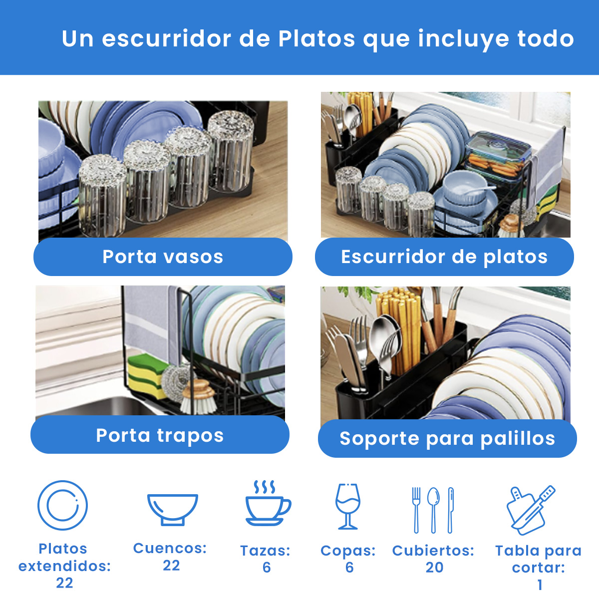 Escurridor de platos de acero inoxidable 2 niveles , Escurridor de trastes para cocina, con soporte para tabla de cortar