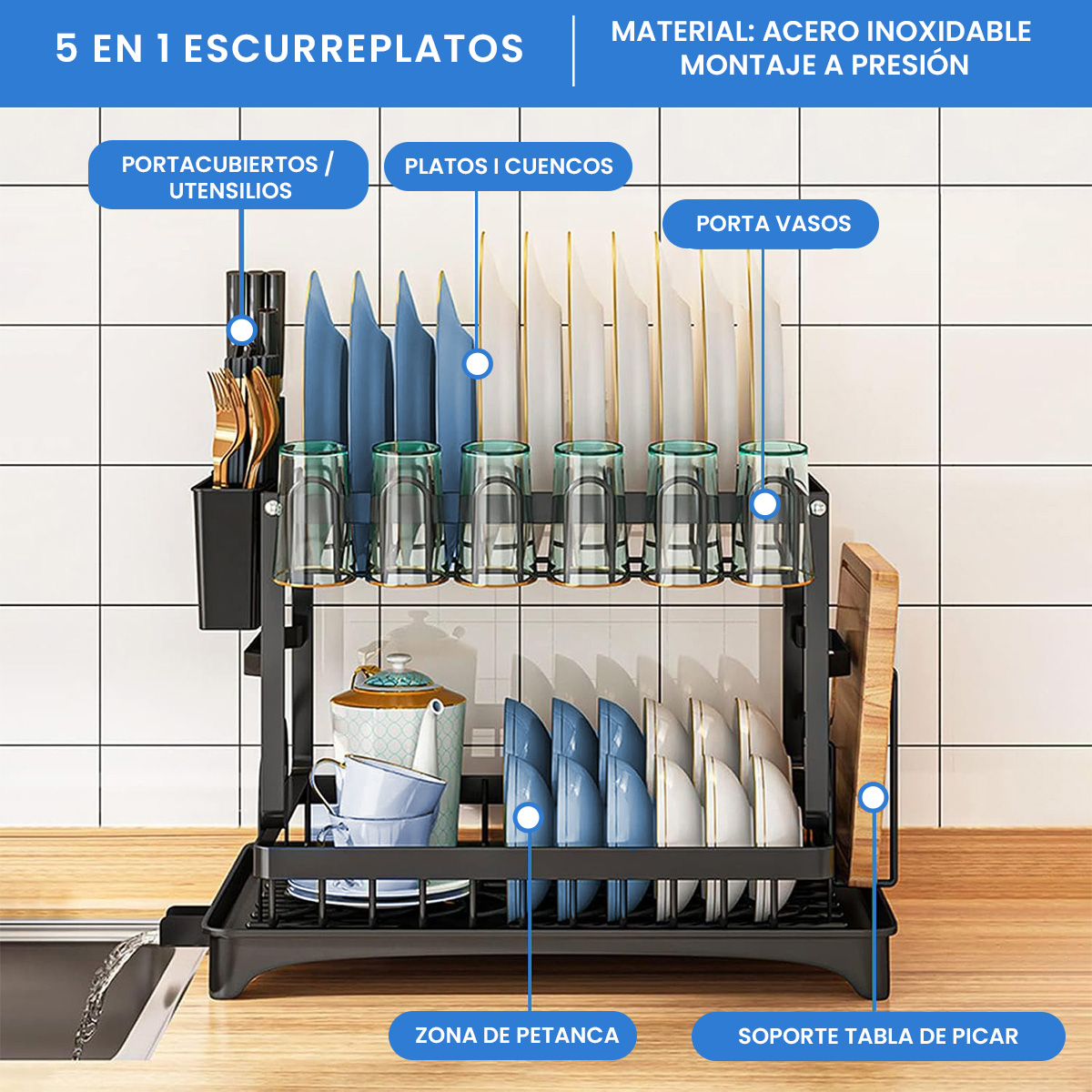 Escurridor de platos de acero inoxidable 2 niveles , Escurridor de trastes para cocina, con soporte para tabla de cortar
