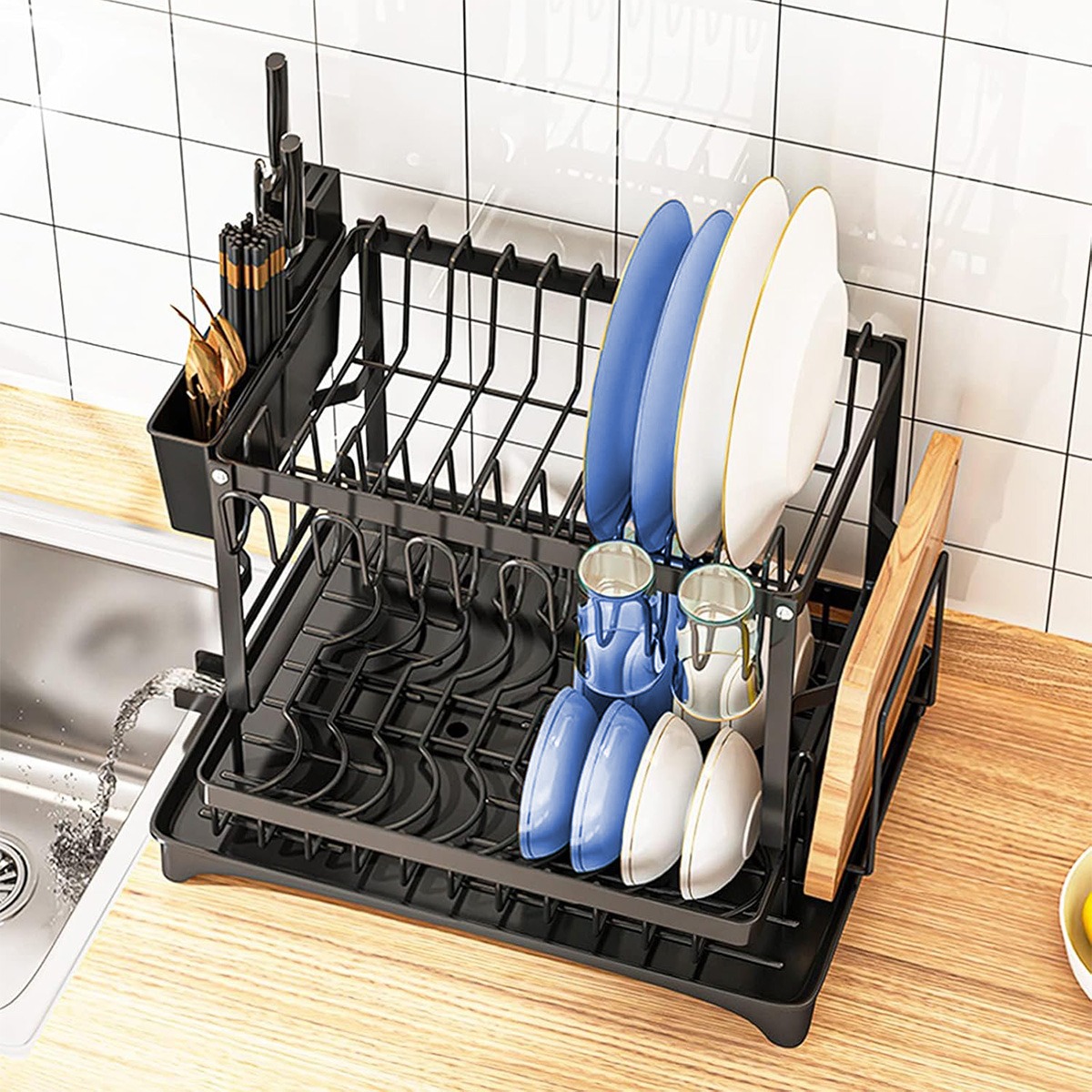 Escurridor de platos de acero inoxidable 2 niveles , Escurridor de trastes para cocina, con soporte para tabla de cortar