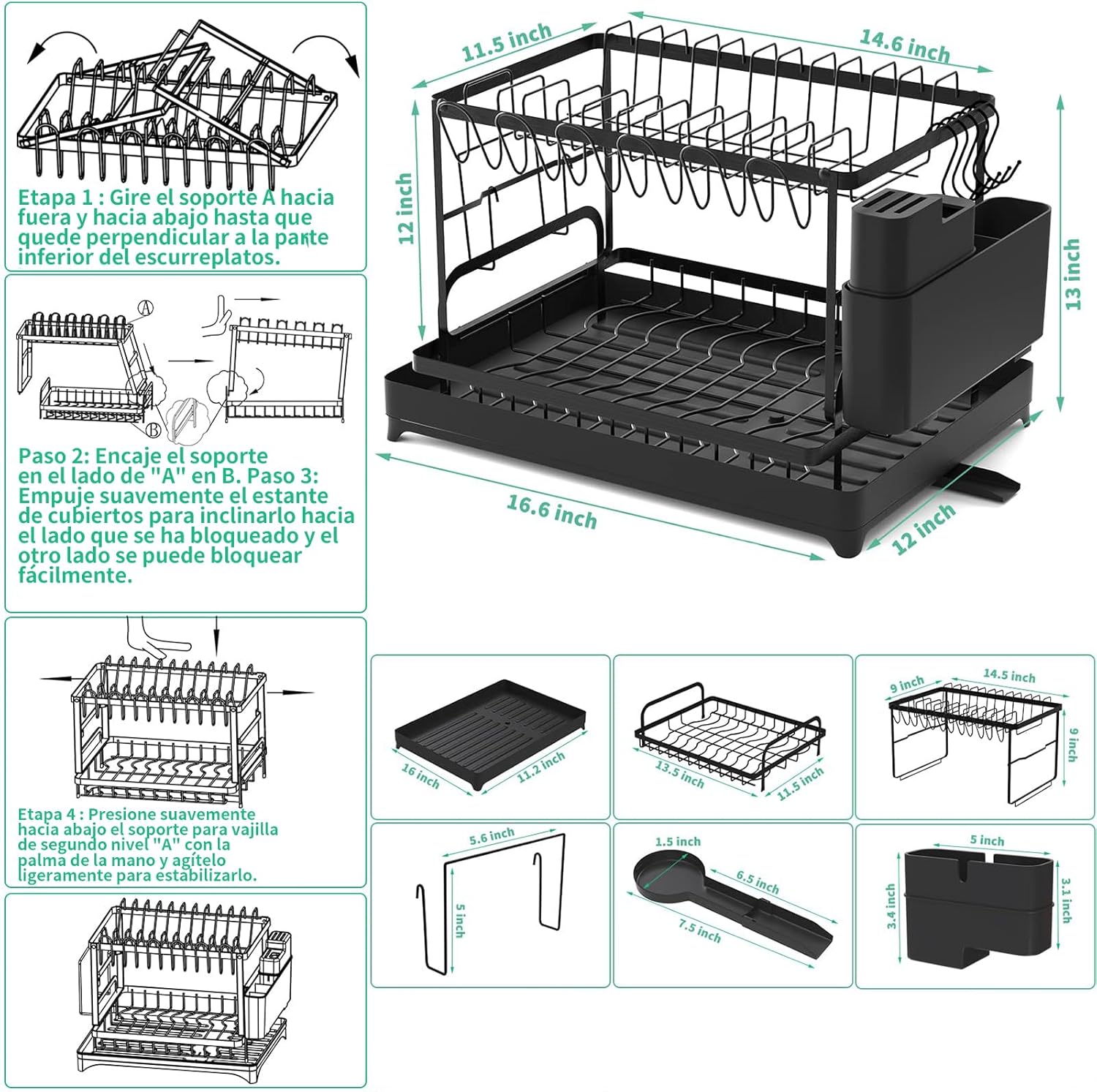Escurridor de platos de acero inoxidable 2 niveles , Escurridor de trastes para cocina, con soporte para tabla de cortar