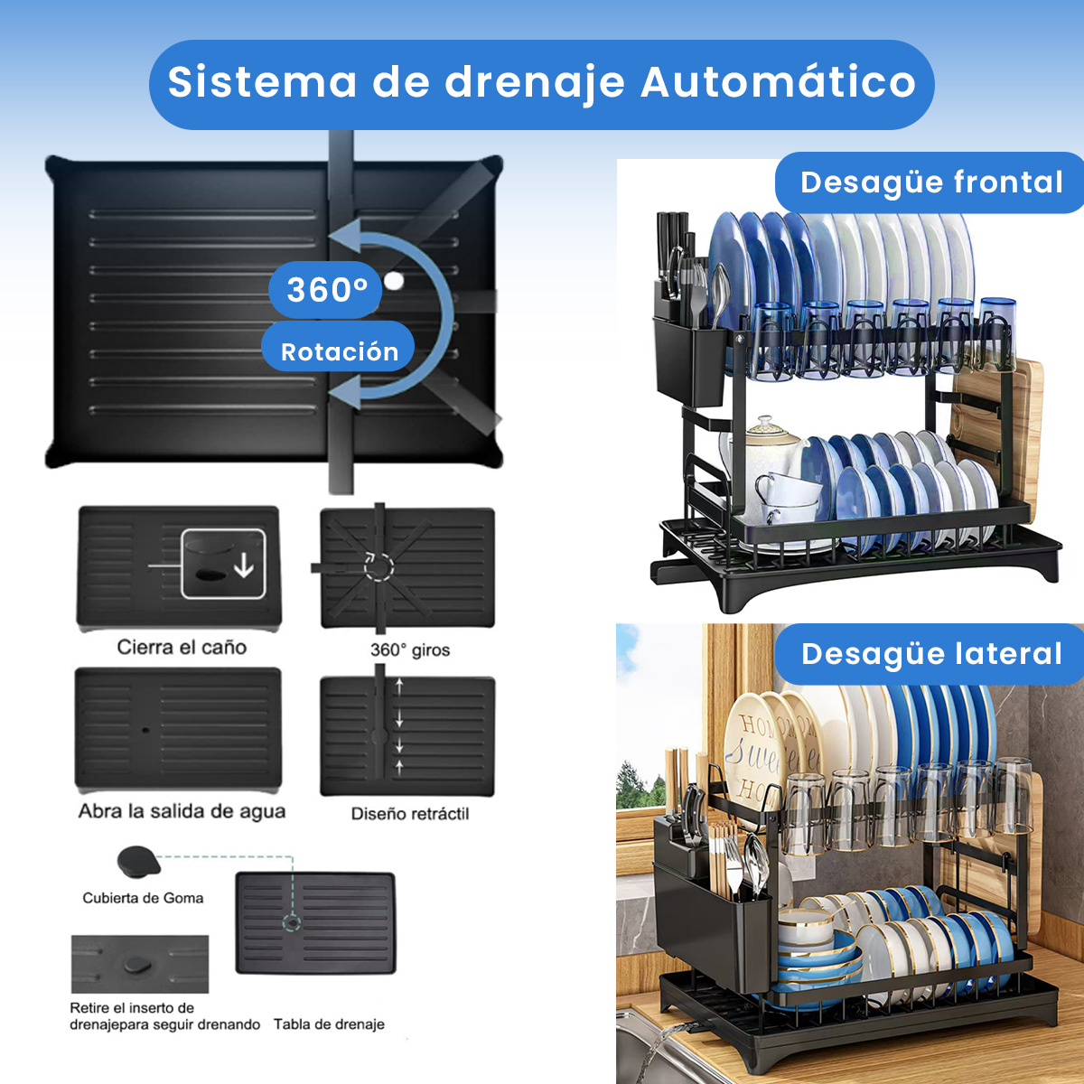 Escurridor de platos de acero inoxidable 2 niveles , Escurridor de trastes para cocina, con soporte para tabla de cortar