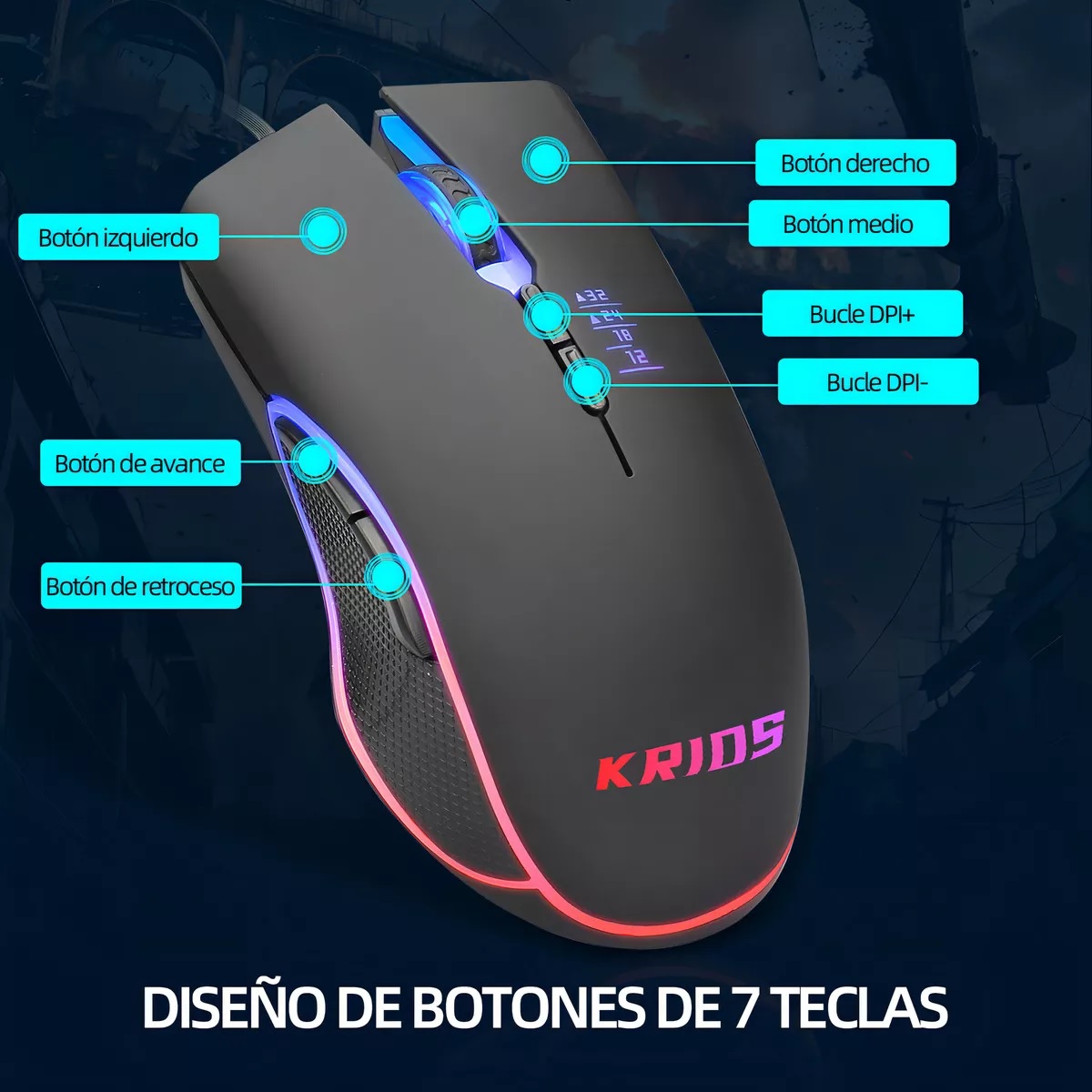 Mouse Gamer Con Rgb Led 7 Botones Programables Ajustable